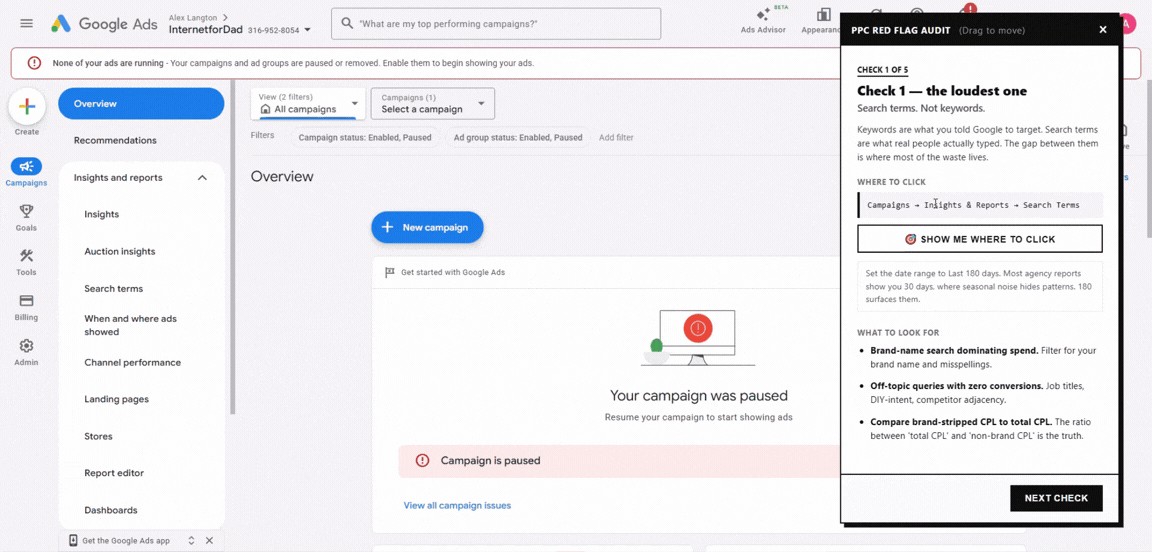 The PPC Red Flag Audit panel docked on the right side of a Google Ads campaign overview, showing Check 1 of 5: search terms, with a 'Show me where to click' button and what to look for.