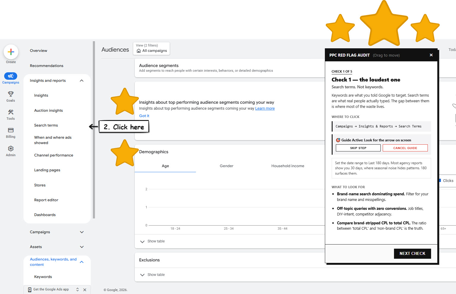 The same panel with the on-screen guide active, drawing a hand-drawn arrow and 'Click here' label next to the Search terms item in the Google Ads side navigation.