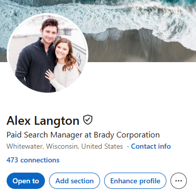 LinkedIn profile screenshot for Alex Langton, Paid Search Manager at Brady Corporation, Whitewater, Wisconsin